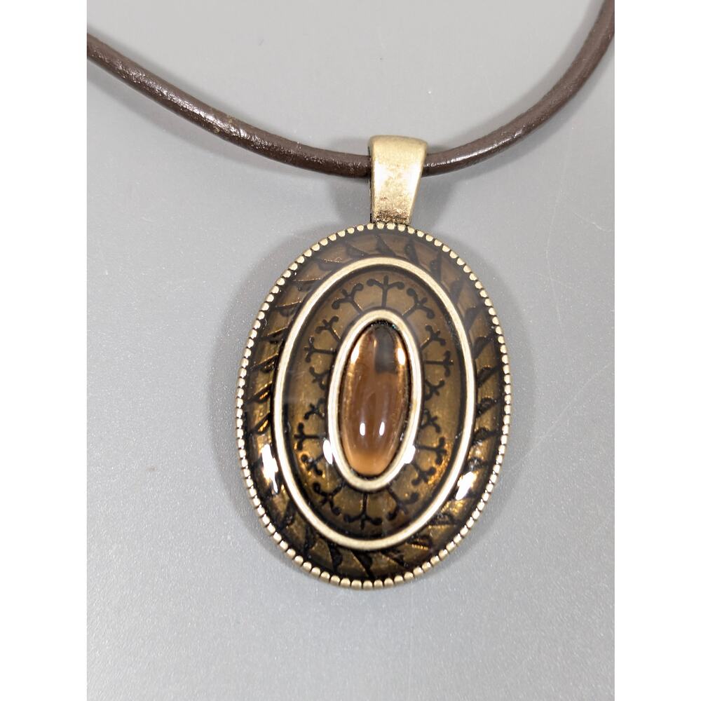 Lia Sophia Brown‎ Enamel Oval Pendant Cord Necklace Boho Western 20" - Picture 5 of 9